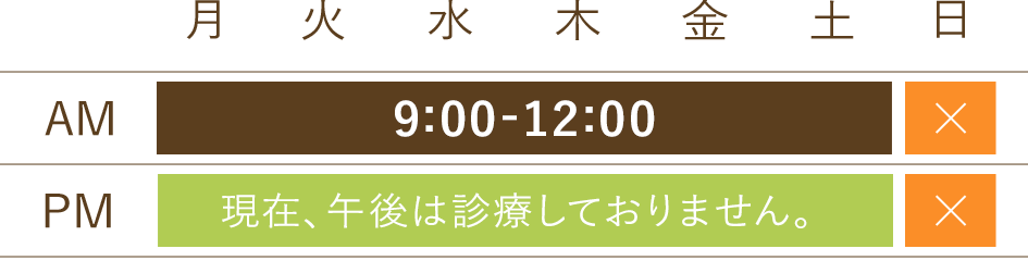 診療時間：月・火・水・木・金・土の午前のみ診療